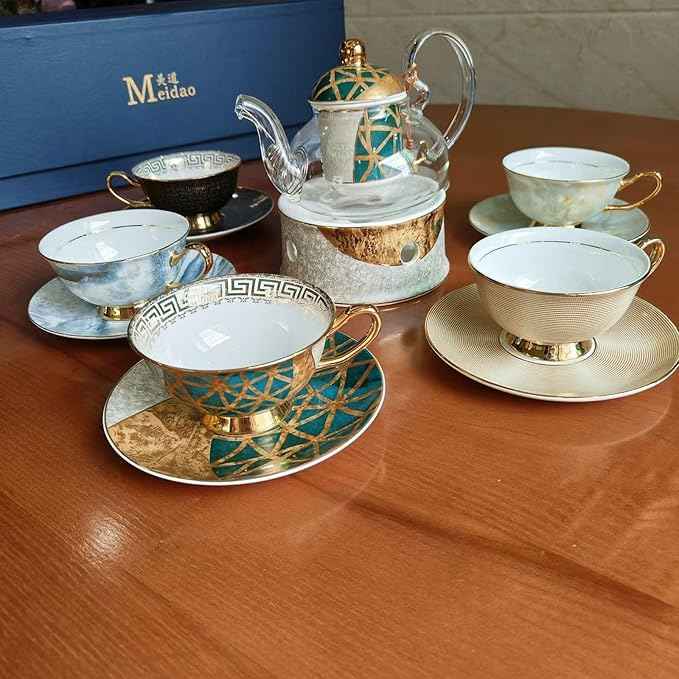 China Bone Porcelain Coffee Tea Set, English Light Luxury Afternoon Tea Set with Tea Stove Suitable as A Gift for Mother'S Day, Birthday, Christmas, and Gatherings (6-Colorful Cup)
