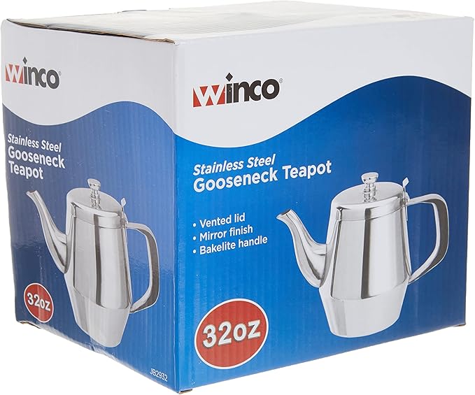 Winco Gooseneck Teapot, 32-Ounce,Stainless Steel,Medium