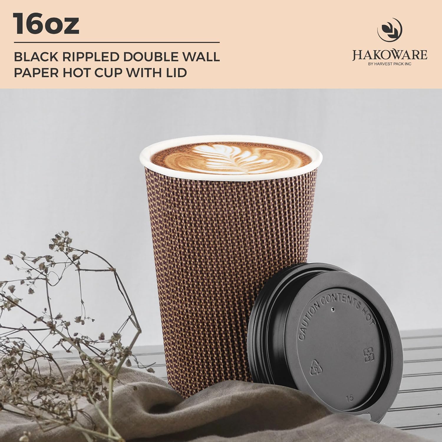 [340 SET]Harvest Pack 16 oz Disposable Coffee Cups, Insulated Ripple Double-Walled Paper Cups with Lids, Brown Geometric, Bulk Drinking Cups for Tea Hot Chocolate Drinks To go coffee cups
