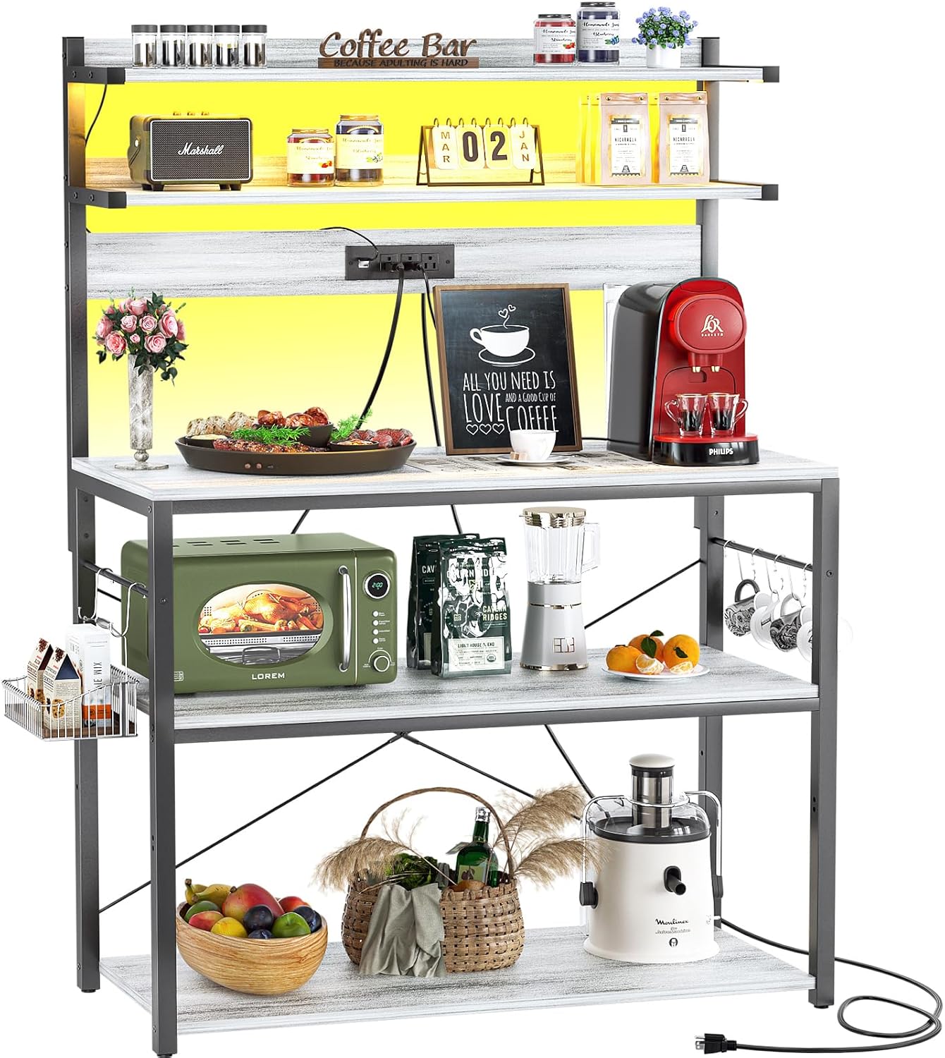 Aheaplus Bakers Rack with Power Outlet, Microwave Stand, 5 Tiers Coffee Bar Station with Led Lights, Kitchen Storage Shelf with 6 S-Shaped Hooks, Kitchen Rack Coffee Bar Stand, White Oak