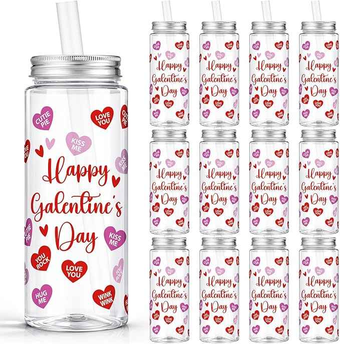 Vesici 12 Pcs Happy Galentines Day Party Favors 14.2oz Galentine Day Tumbler with Lid and Straw Plastic Reusable Tumbler Bulk Inspirational Gifts Cold Drinking Cup for Romantic Valentine Girl Women