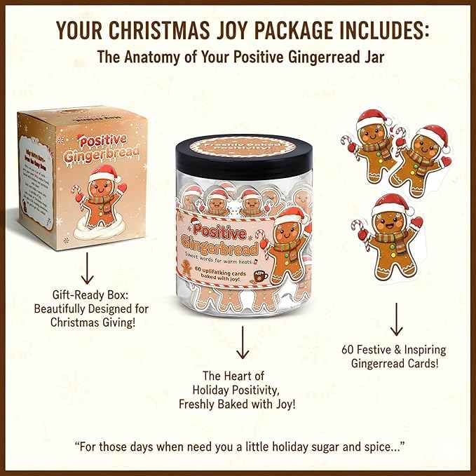 Positive Gingerbread Christmas Jar with 60 Affirmation Cards, Emotional Support Gingerbread Holiday Gift, Cute Gingerbread Decor, Christmas Gingerbread Gifts for Women, Men, Teens, Teachers