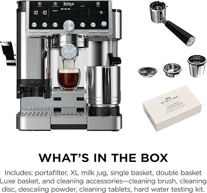 Ninja Luxe Café Pro Series, Espresso Machine, Drip Coffee, Cold Brew, Hot Water, Integrated Tamper, Built-in Grinder, Hands-Free Frother for Cappuccinos, Lattes, Americanos, Dairy or Non-Dairy, ES701