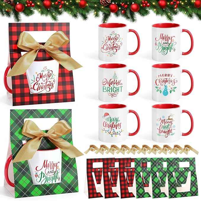 LemonRoad 12 Sets Christmas Coffee Mugs with Mug Boxes 12 oz Ceramic Merry Christmas Coffee Cups Xmas Cups with Gift Boxes Ribbon for Xmas Winter Holiday Housewarming Party Gift