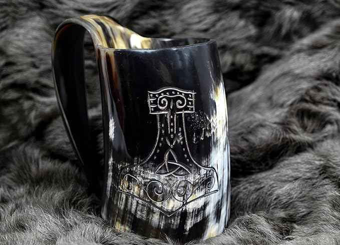 Viking OX Horn Mug,16–20oz (Worthy Mjolnir) Ox Horn Cup & Coffee Stein | Stylish & Handmade Present for Men and Women, Home Accessories | Shot Glasses for Mead, Ale, Whisky and Beer Cup…