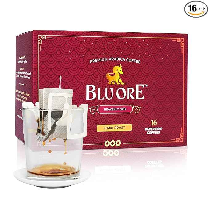 Blu Ore Premium Vietnamese Coffee - Single Serve Pour Over (16 Pack) - 100% Arabica Drip Bag Coffee, Eco-Friendly Filter, Travel Friendly, No Preservatives - Dark Roast
