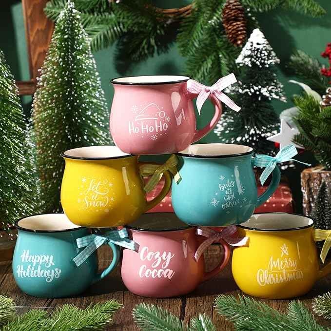 Sawysine Christmas Coffee Mugs Set of 6, 12 oz Ceramic Mug Gift Holiday Hot Cocoa for Family Mom Woman Friend Farmhouse(Pastel Style)
