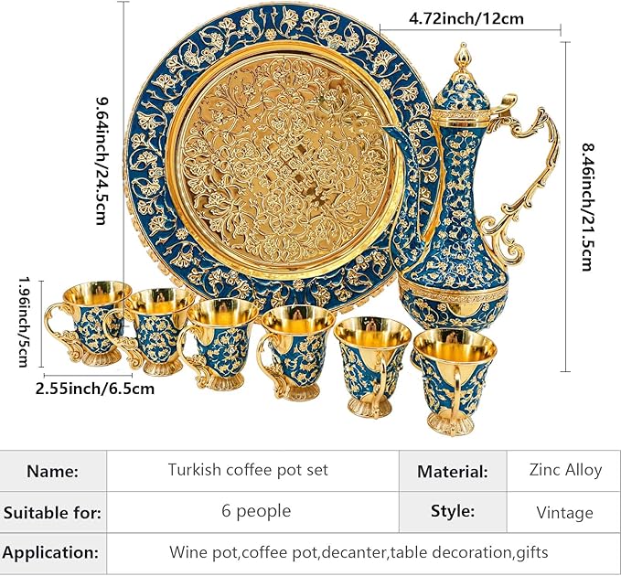 Turkish Coffee Cup and Tea Pot Set Including Teapot,Tea Tray,6 Metal Cups,Tea Service Set for Tea Table Decor,Hip Flask (Blue and Gold)