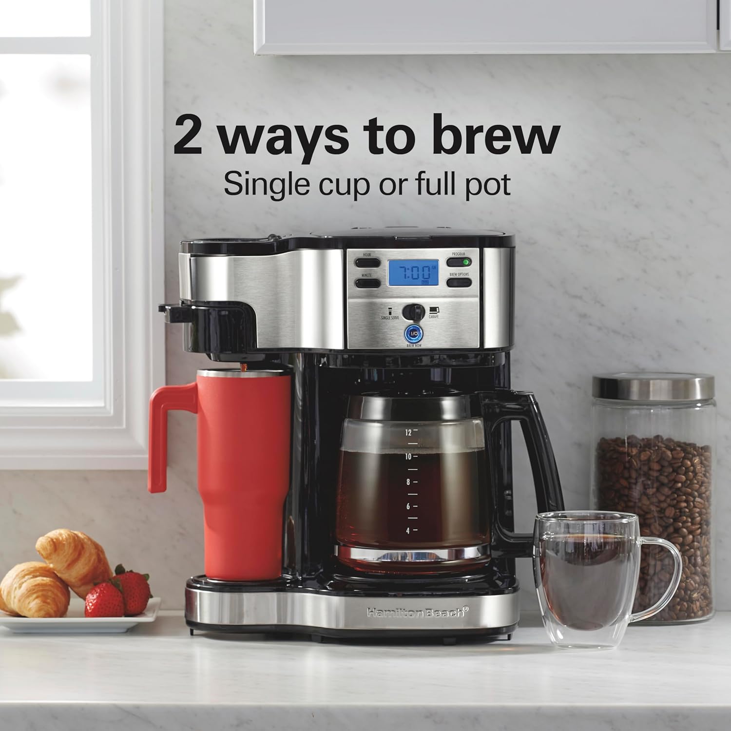 Hamilton Beach 2-Way 12 Cup Programmable Drip Coffee Maker & Single Serve Machine, Glass Carafe, Auto Pause and Pour, Black (49980R) - Blissbrew