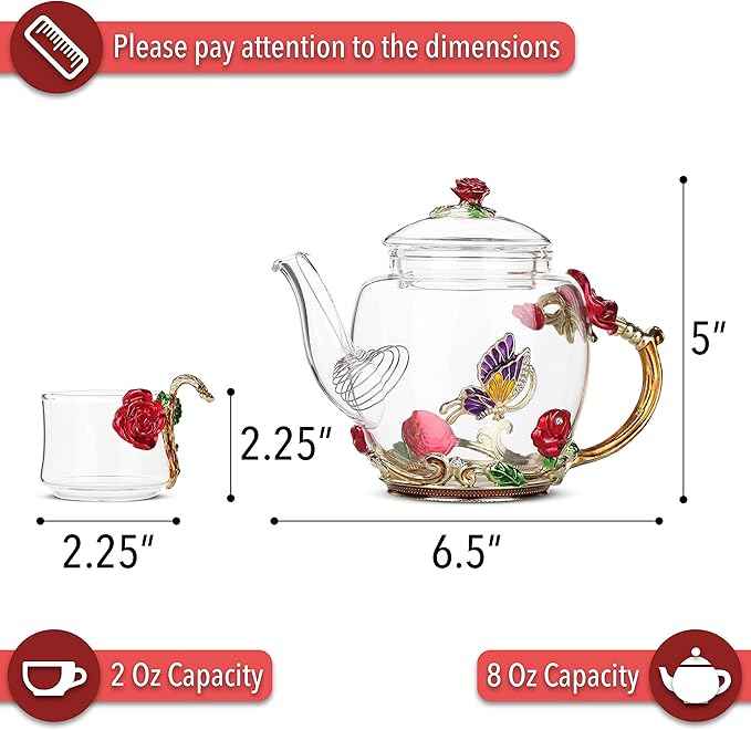 BTaT- Floral Glass Tea Set for Adults, Service for 2, Fancy Glass Pot (8 oz) & Cups (2 oz), Red Butterfly & Flower Design with Gift Box, Tea Pot Sets for Women Gift
