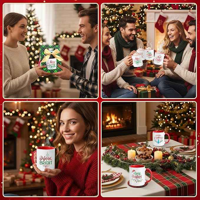LemonRoad 12 Sets Christmas Coffee Mugs with Mug Boxes 12 oz Ceramic Merry Christmas Coffee Cups Xmas Cups with Gift Boxes Ribbon for Xmas Winter Holiday Housewarming Party Gift
