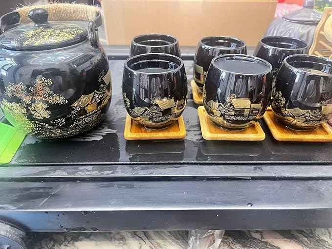 Gift Set Japanese Tea Set, Asian Black Glazed Ceramic Tea Set - Contains 1 Teapot, 1 Tea Strainer and 6 Teacups. Ideal for Home, Outdoor, Office (Black2)