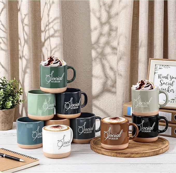 10 Pcs Social Worker Appreciation Gifts Bulk 13 oz Ceramic Coffee Mugs Social Worker Month Thank You Cups for BSW MSW DSW LCSW Must Haves Office Work, 10 Colors
