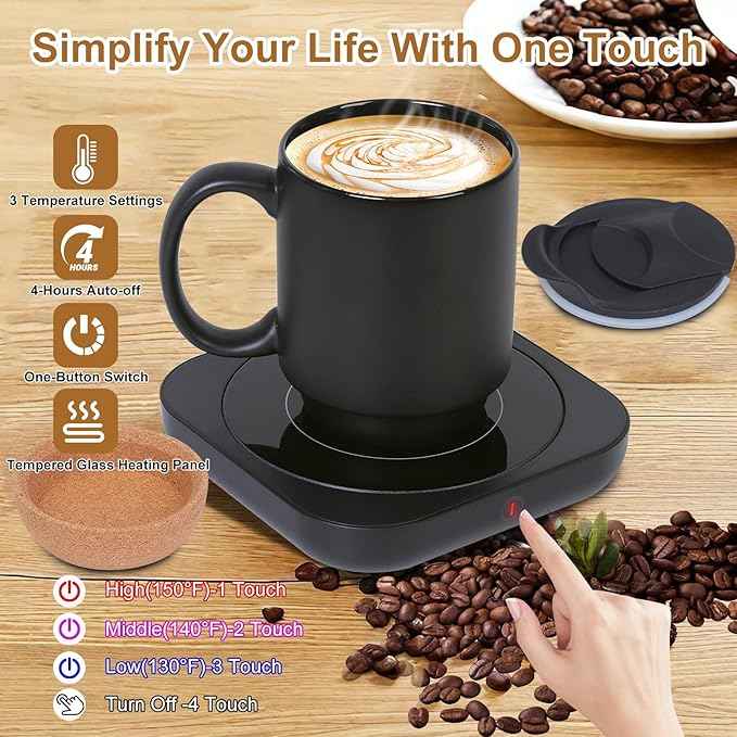 Coffee Mug Warmer & Mug Set for Desk, Electric Coffee Cup Warmer with Ceramic Mug, Smart Heated Coffee Mug with Auto Shut Off for Office/Home, Christmas/Birthday/Coffee Gifts for Men & Women, Black