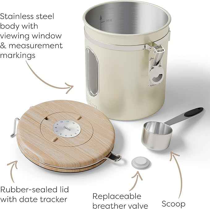 Veken Coffee Sugar Canister with Window, Airtight Stainless Steel Kitchen Food Storage Container with Lids, Date Tracker and Scoop for Grounds Coffee, Beans, Tea, Flour, Cereal Jars, 16OZ, Cream