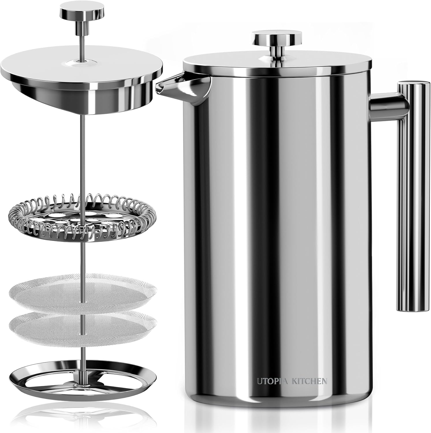 Utopia Kitchen French Press Coffee Maker, Double Wall Insulated Stainless Steel Coffee Press with 4-Level Filtration system, Includes 2 Extra Filters, Rust-Free, Dishwasher Safe (Silver, 17 Ounce) - Blissbrew