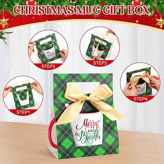LemonRoad 12 Sets Christmas Coffee Mugs with Mug Boxes 12 oz Ceramic Merry Christmas Coffee Cups Xmas Cups with Gift Boxes Ribbon for Xmas Winter Holiday Housewarming Party Gift