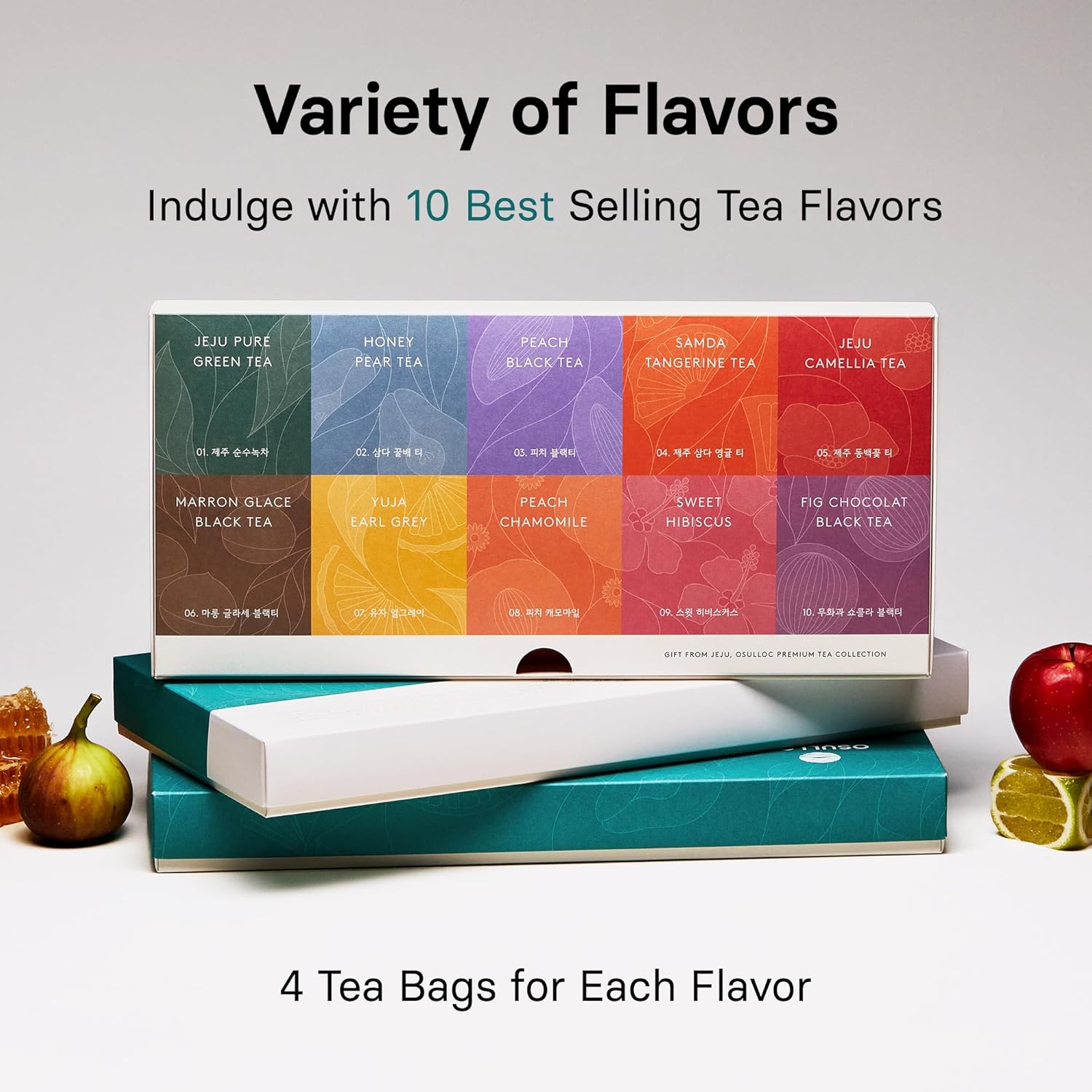 OSULLOC Premium Tea Collection (40 count, 10 flavors x 4 ea), Assorted Tea bag Sampler, Tea Gift sets for Tea lover, Self Care Gift Box, Premium Organic Pure & Blended Tea from Jeju