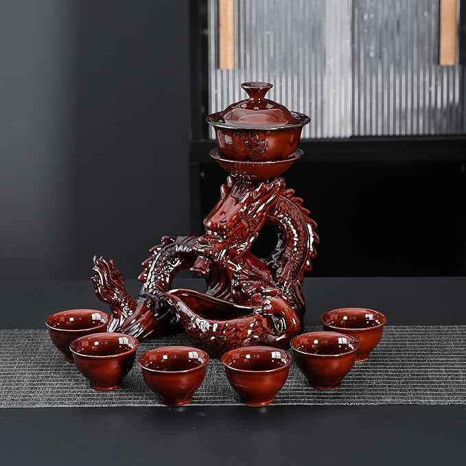 fanquare Lazy Kungfu Ceramic Tea Set for 6, Chinese Dragon Shape 9 Piece Tea Set Gift Box, Tea Cup, Infuser, Fair Cup Unique Tea Set for Office Business Gift, Red