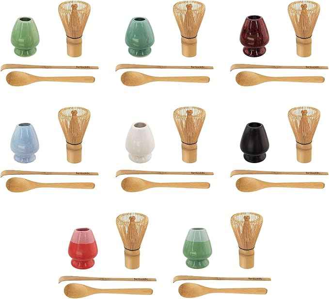 BambooMN Brand - Matcha Bowl Set (Includes Bowl, Rest,Tea Whisk, Chasaku, Tea Spoon & Tray) 1 Set Soft Light Green