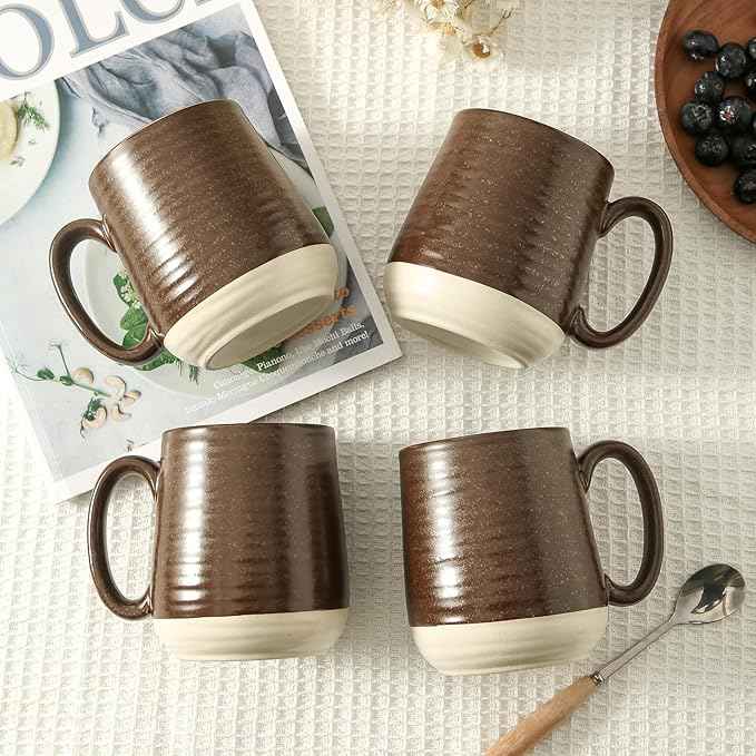 HASENSE Porcelain Coffee Mugs Set of 4-15 Ounce Large Ceramic Coffee Cups Set with Handle for Latte, Tea, Cocoa and Hot Chocolate, Brown Coffee Mugs for Men and Women, Microwave Safe