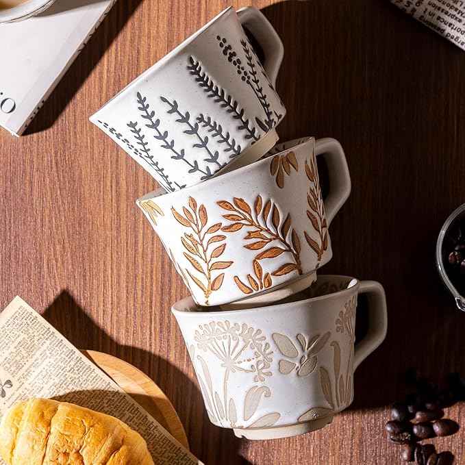 Coffee Mugs Set of 4 with Gold Spoon, 11 oz Porcelain Mug, Ceramic Tea Cups with Handle for Men Women, Hand-painted Mug, Birthday Housewarming Wedding Gift, Dishwasher Microwave Safe