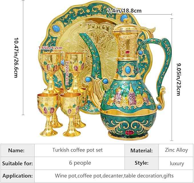 Vintage Turkish Coffee Pot Tea Pot Set,Crafts Teapot and Cup Set Including Tray and 6 Metal Cups,Tea Service Set for Tea Table Decor,Wedding Ornament (Green and Gold)