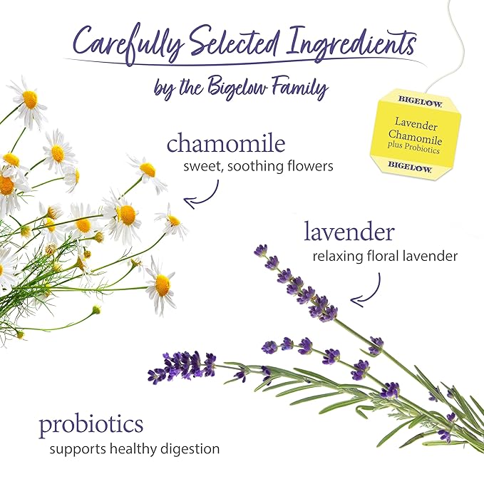 Bigelow Lavender Chamomile Plus Probiotics Herbal Tea, Caffeine Free with Lavender Chamomile, Box, 108 Total Tea Bags, 18 Count (Pack of 12)