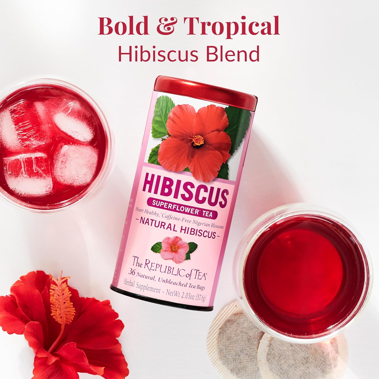 The Republic of Tea Natural Hibiscus Superflower Herbal Tea, Ruby Red Hibiscus Fine Blend, 36 Tea Bag Refill