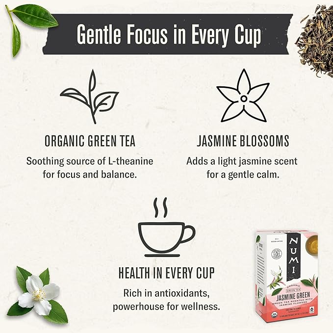 Numi Organic Green Tea with Jasmine, 54 Green Tea Bags Scented with Real Jasmine Flowers, Micro-Plastic Free Compostable Bags