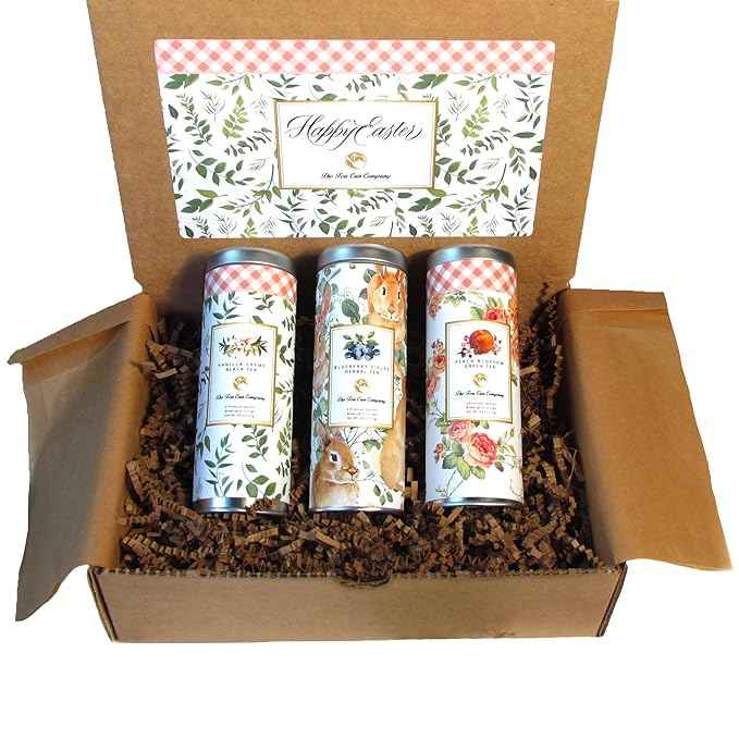 Easter Gift Basket by La Tea Dah, Festive Tea Gift Box with Three Skinny Tins of Assorted Teas, Peach Green, Vanilla Chai, & Herbal Blueberry, Adult Easter Gifts (18 Sachets)
