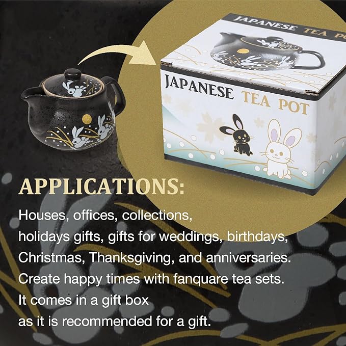 10oz bunny kyusu Rabbit Kutani Yaki(ware) Japanese Teapot with Removable Infuser, Handle Mug Stovetop Safe Tea Kettle, Blooming and Loose Leaf Tea Maker Set(Ceramic, Rabbit Black)
