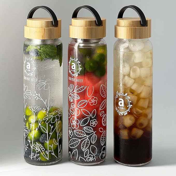 32oz Borosilicate Glass Water Bottle with Bamboo Lid and 2 Tea Infuser Sets for Fruit Infused Water and Cold Brew Coffee - Glass Tea Infuser Bottle with Strainer for Loose Leaf Tea