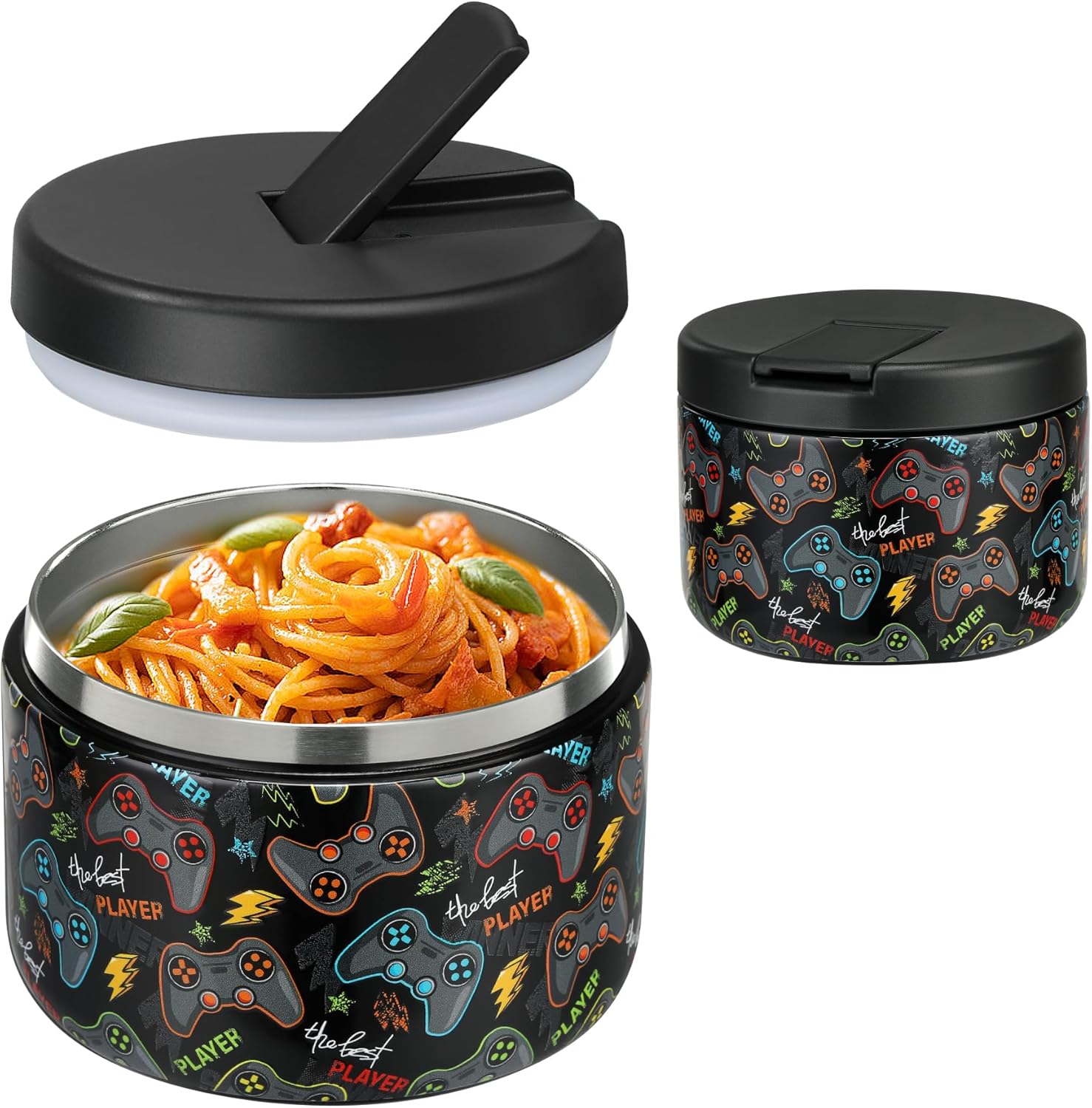 12oz Insulated Vacuum Food Jar with Buckle Lid Wide Mouth Soup Thermo for Hot Food Kids Leakproof Stainless Steel Lunch Container (Black-Game) - Blissbrew