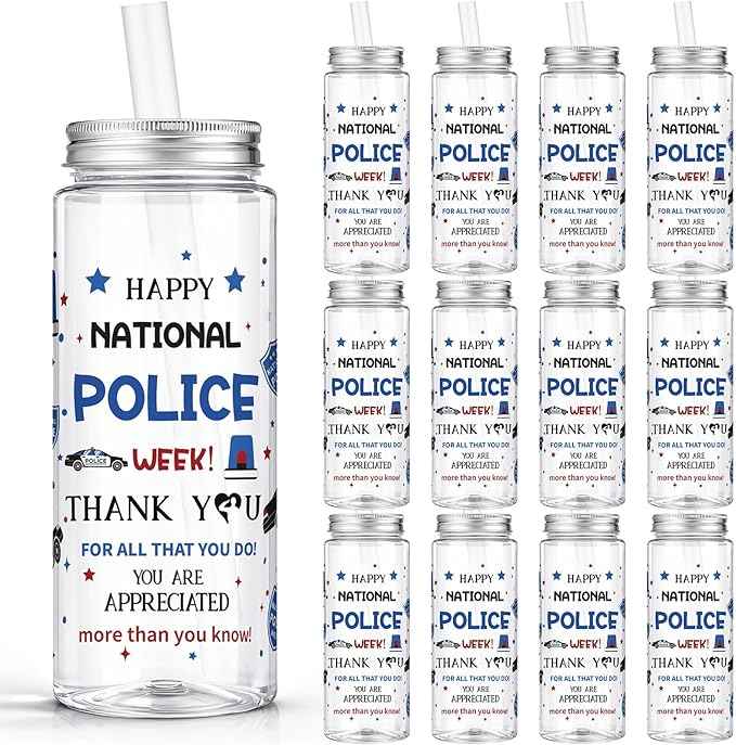 Vesici 24 Pcs National Police Week Appreciation Gift 14.2oz Thank You Gifts Lid and Straw Plastic Reusable Tumbler Bulk Inspirational Gifts Cold Drinking Cup for Police Week Party Favors