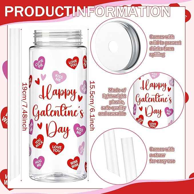 Vesici 12 Pcs Happy Galentines Day Party Favors 14.2oz Galentine Day Tumbler with Lid and Straw Plastic Reusable Tumbler Bulk Inspirational Gifts Cold Drinking Cup for Romantic Valentine Girl Women