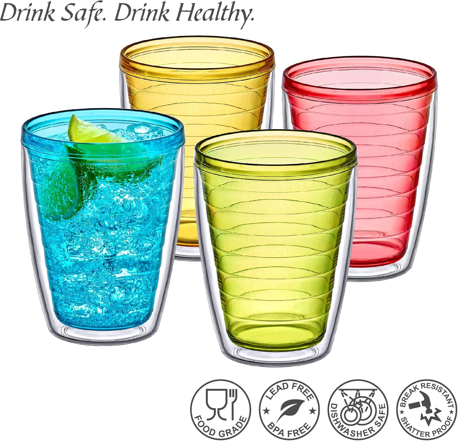 Amazing Abby - Alaska - 16-Ounce Insulated Plastic Tumblers (Set of 4), Double-Wall Plastic Drinking Glasses, Mixed-Color Reusable Plastic Cups, BPA-Free, Shatter-Proof, Dishwasher-Safe