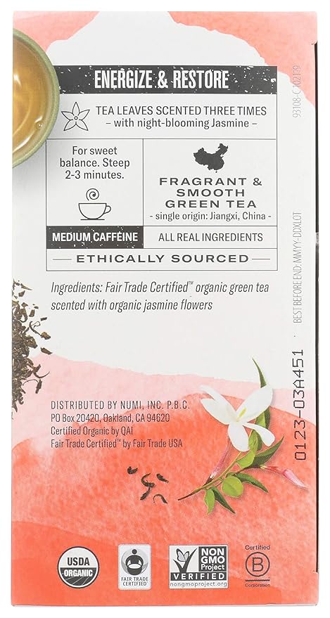 Numi Tea Jasmine Green Tea - Medium Caffeine - 18 Bags (Pack of 2)
