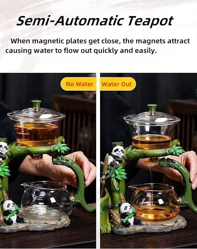 Tea Infuser Lazy Kungfu Magnetic TeaPot Semi-Automatic Drip Glass Teapots Panda Heat-Resistant Tea Maker Set(Iclude Six Gentlemen of Tea Set)