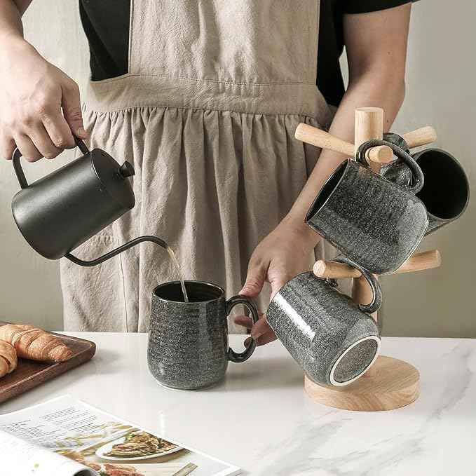 HASENSE Ceramic Coffee Mugs - 15 OZ Large Coffee Cups Set of 6 with Handle for Hot Beverages, Porcelain Latte Mugs for Tea, Milk, Cocoa, Cappuccino and Mocha, Microwave and Dishwasher Safe, Grey