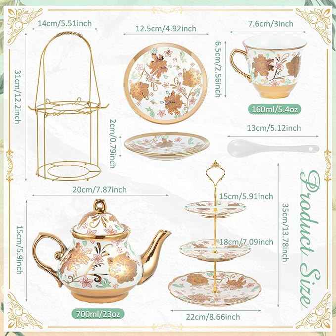 Maxcheck 21 Pcs Porcelain Tea Set for Women Tea Party with Metal Holder and 3 Tier Cake Stand Ceramic European Floral Teapot Set for Adults Mother's Day Christmas Thoughtful Gift(Classic Style)