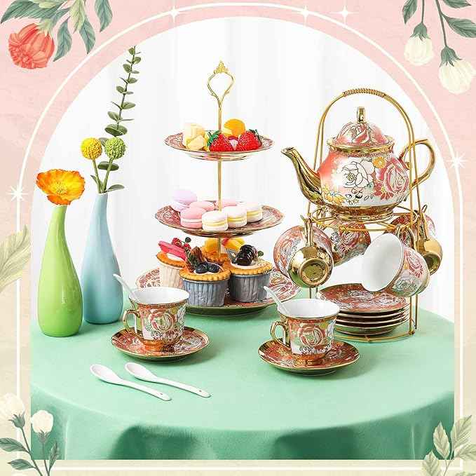 Maxcheck 21 Pcs Porcelain Tea Set for Women Tea Party with Metal Holder and 3 Tier Cake Stand Ceramic European Floral Teapot Set for Adults Mother's Day Christmas Thoughtful Gift(Romantic Style)