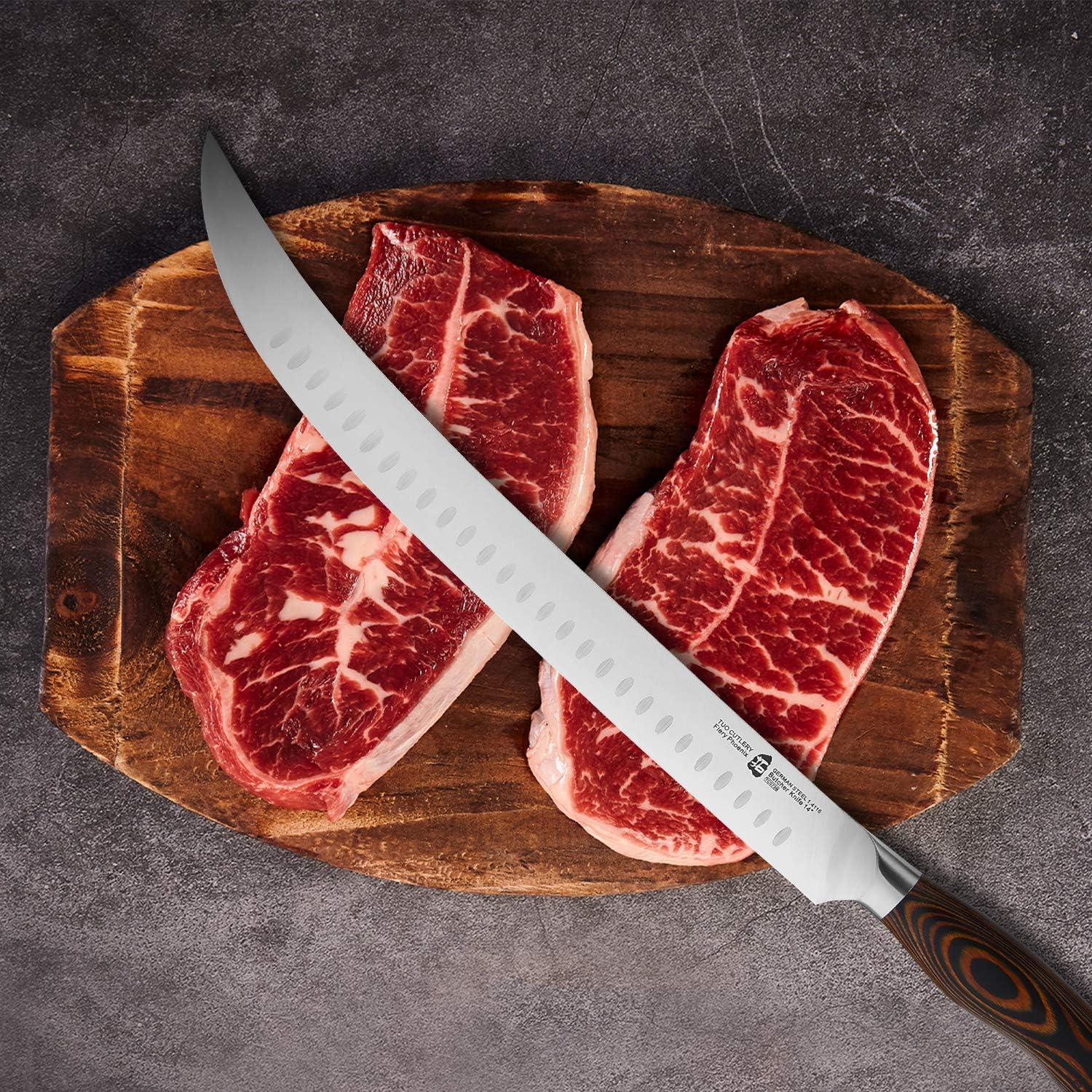 TUO Cimitar Butcher Knife - 14 Inch Butcher's Breaking Knife Long Meat Slicing Knives Pro Curved Slicer Carver - Forged German Steel with Full-Tang Pakkawood Handle - Fiery Series Gift Box Included