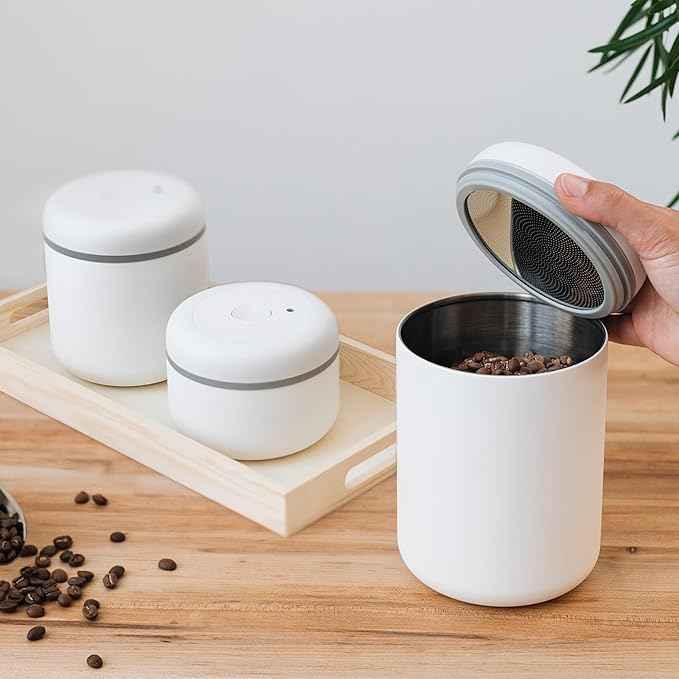 Fellow Atmos Vacuum Coffee Canister & Food Storage Container - 0.7 Liter Canister holds up to 11 oz of Coffee Beans - Airtight Food Storage Containers - Containers - 0.7 Liter - Matte White