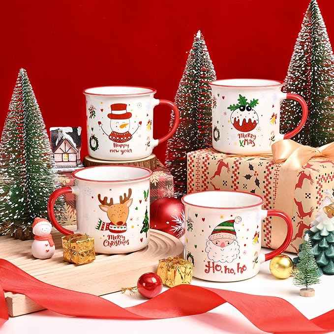 YHRJWN Christmas Mugs Set of 4, Festive Design Coffee Mugs with Santa Snowman Reindeer, Holiday Mugs for Hot Cocoa, Gifts for Family Friends, Holiday Decor, 13 Oz