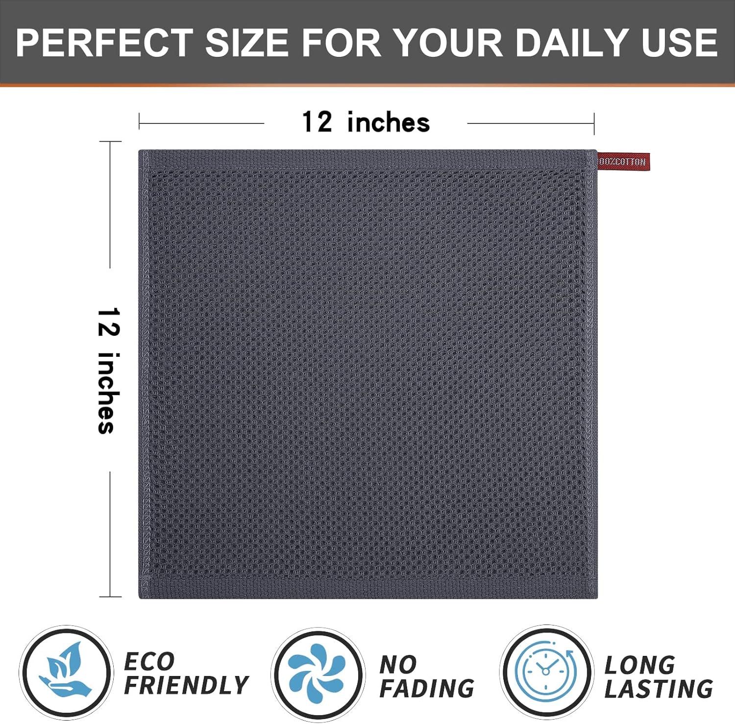Kitinjoy 100% Cotton Kitchen Dish Cloths, 12 Pack Waffle Weave Ultra Soft Absorbent Dish Towels for Drying Dishes Quick Drying Kitchen Towels Dish Rags, 12 X 12Inch, Dark Grey
