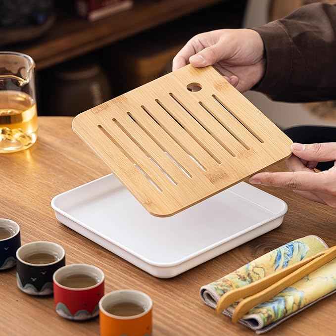 Portable Gongfu Tea Set with Travel Case, Ceramic Tea Set with Glass Teapot Infuser, Bamboo Tea Tray and 4 Ceramic Teacups, All-in-One Travel Tea Kit for Home Office Outdoor Picnic Camping