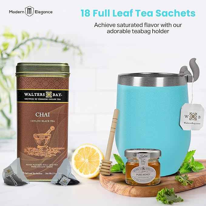 Tea Gift Set for Women – Get Well Basket with Cozy Socks, 18 Full Leaf Sachets, Honey, Tumbler & Sending Hugs Card (Chai)