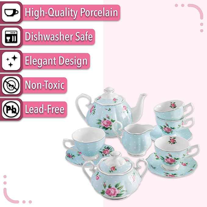 BTaT- Floral Tea Sets for Adults, 13 pcs, Service for 4, Pot (38 oz) & Cups (8 oz) with Saucers, Pastel Blue Floral Design, Porcelain Tea Set for Adult, Dishwasher Safe