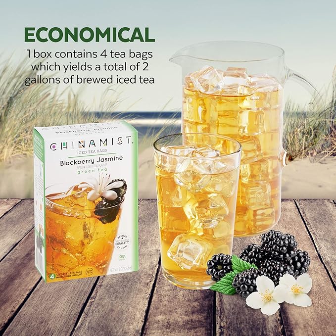 China Mist Iced Tea – Blackberry Jasmine Green Tea Infusion – Refreshing and Delicious – Each Tea Bag Yields 1/2 Gallon – 4 bags.